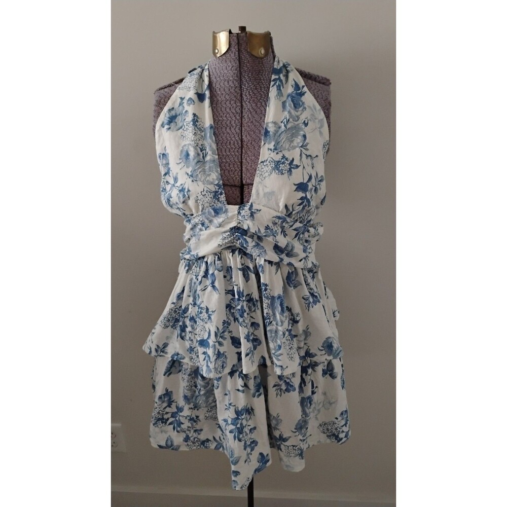 Women's Blue White Floral Tiered Mini Dress Ruched Halter Country Cottage L EC